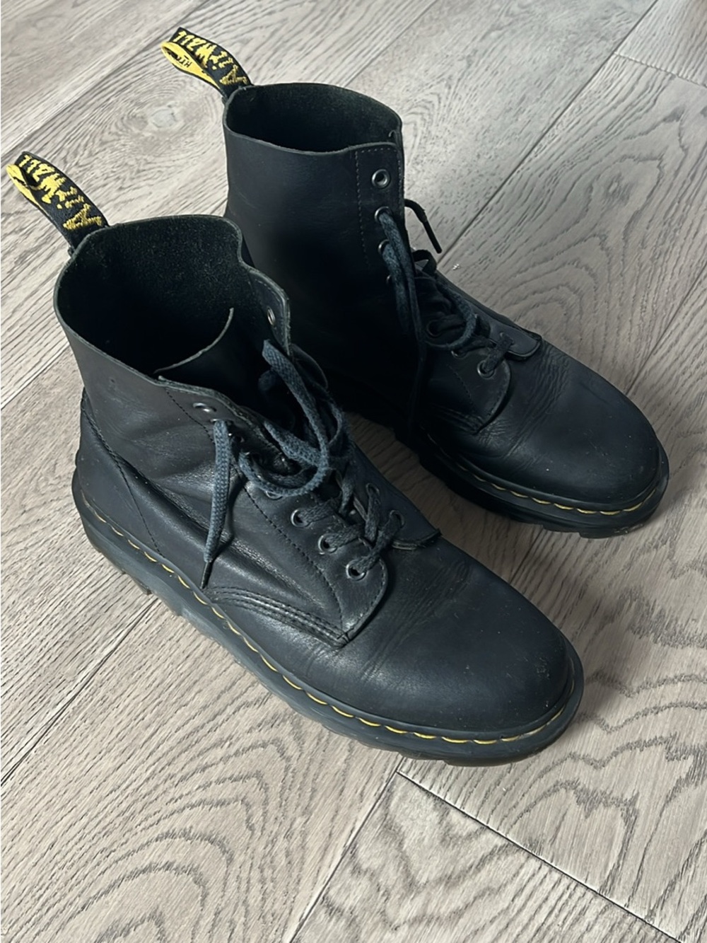 Dr. Martens 1460 Pascal Black Leather 6-Eye Lace-Up Boots with Yellow Stitching